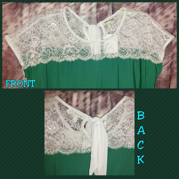 Faith & Joy brand Green w/White Sheer Floral Lace Colorblock Knit Top 1X(14/16) - Picture 3 of 6